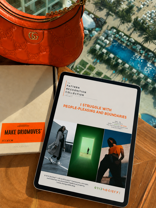 Pattern Recognition Workbook Vol. 2, I Struggle with People-Pleasing and Boundaries, displayed on a tablet overlooking a pool and palm trees in Dubai for self-reflection, inner work and journaling while travelling.