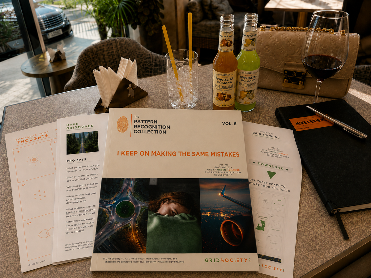 Pattern Recognition Workbook Vol. 6, I Keep on Making the Same Mistakes, displayed at a café in Dubai for self-reflection, inner work and journaling.