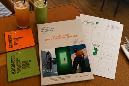 Pattern Recognition Workbook Vol. 2, I Struggle with People-Pleasing and Boundaries, used for self-reflection, inner work and journaling at a café in Lagos, Nigeria.