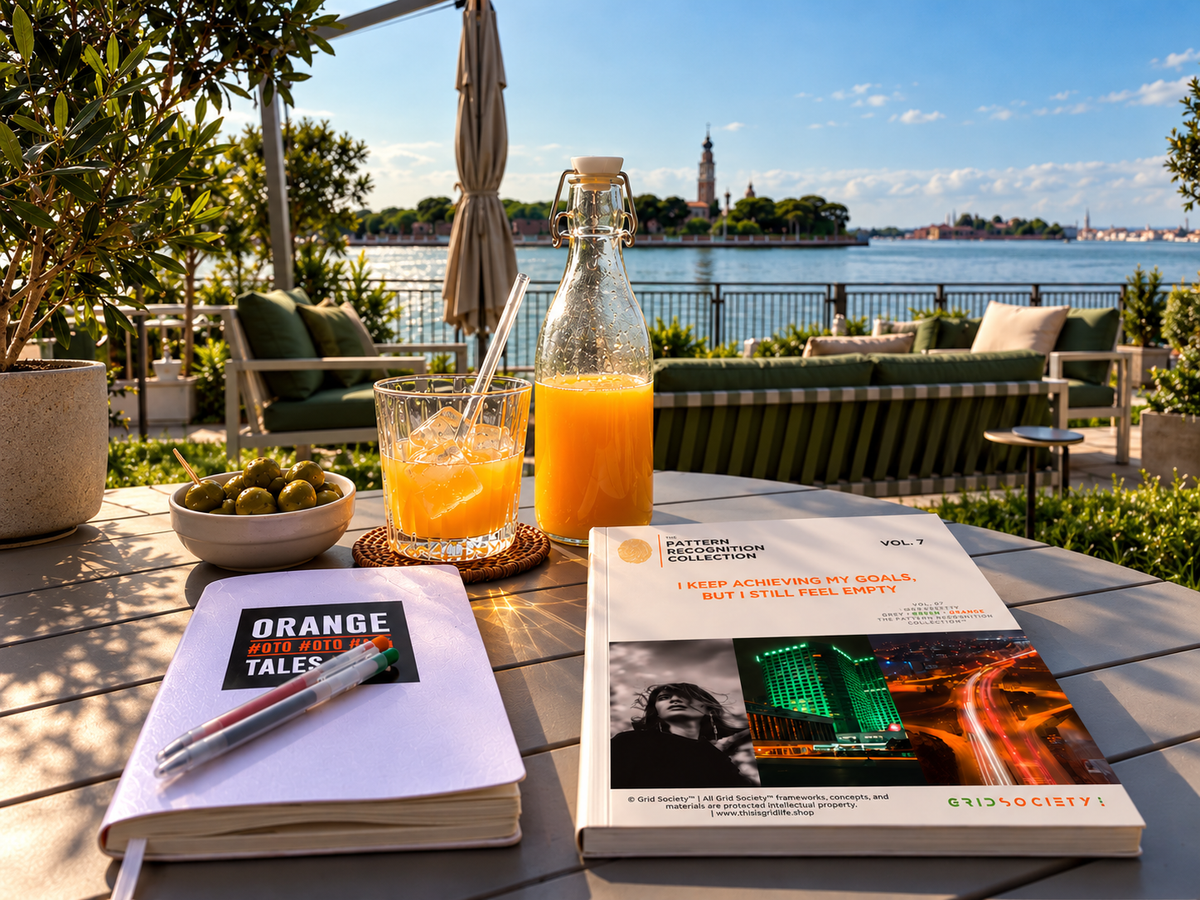 Inner-work and self-reflection setting. A styled outdoor patio scene with a round wooden table holding an open notebook labeled 'ORANGE TALES ONLY' A GRID SOCIETY TERM, a pen, a glass of orange juice, a bottle of orange juice, a bowl of olives, and a printed book or magazine. Beyond the table is a waterfront terrace with seating, plants, and a distant tower across the water under a blue sky.