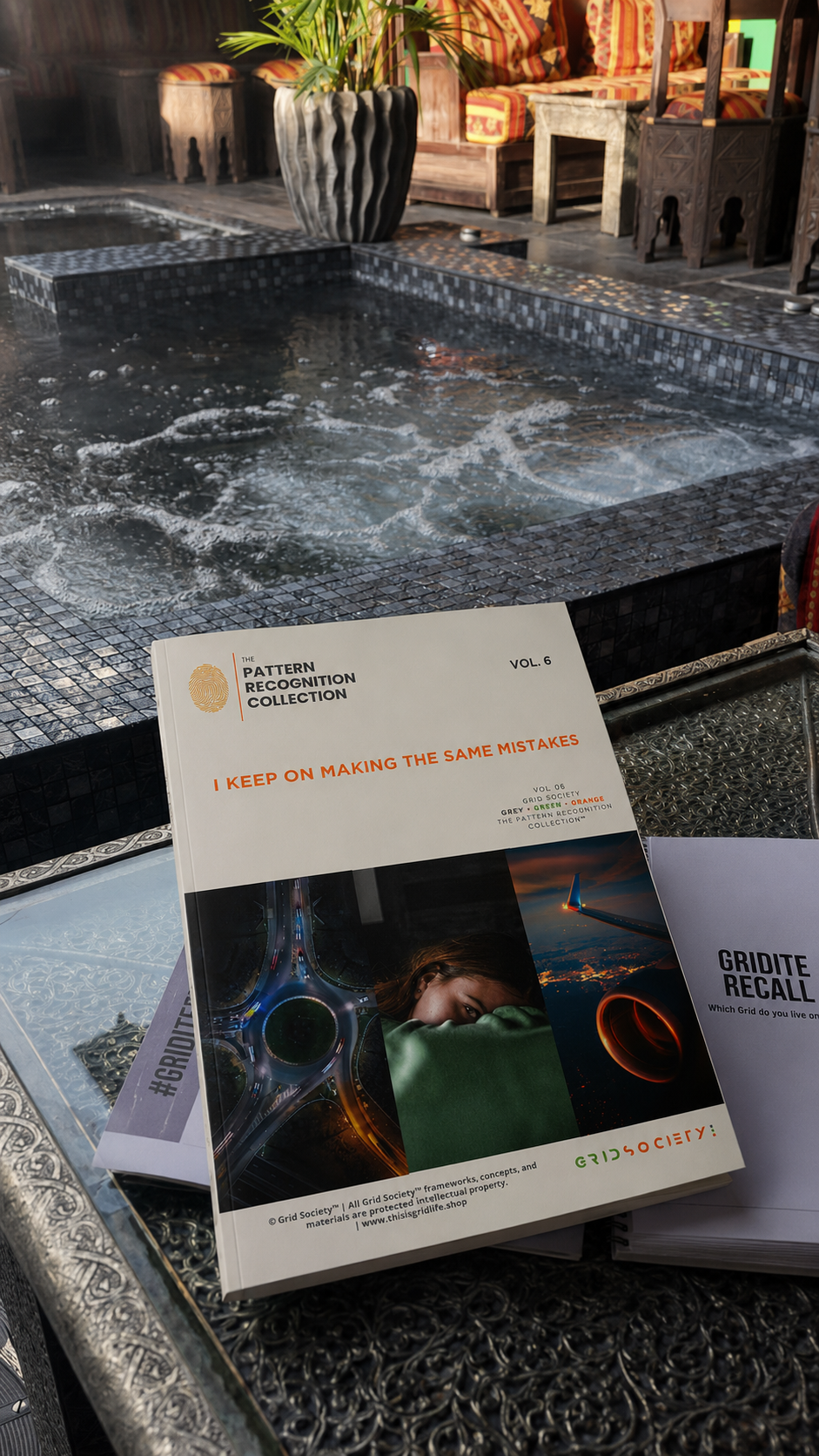 Pattern Recognition Workbook Vol. 6, I Keep on Making the Same Mistakes, displayed beside the spa pool at Crazy Bear Hotel for journaling, self-reflection and weekend getaways.