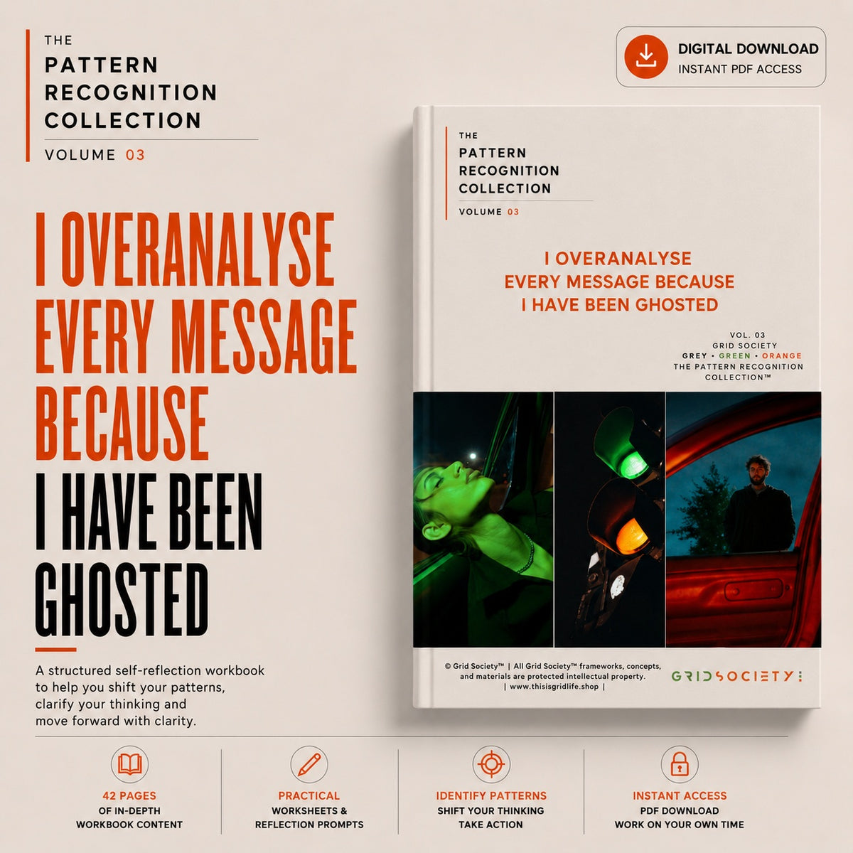 Pattern Recognition Workbook Vol. 3, I Overanalyse Every Message Because I Have Been Ghosted, a digital self-reflection workbook for recognizing overthinking, message anxiety and thinking patterns after ghosting.
