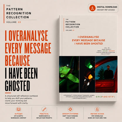 Pattern Recognition Workbook Vol. 3, I Overanalyse Every Message Because I Have Been Ghosted, a digital self-reflection workbook for recognizing overthinking, message anxiety and thinking patterns after ghosting.