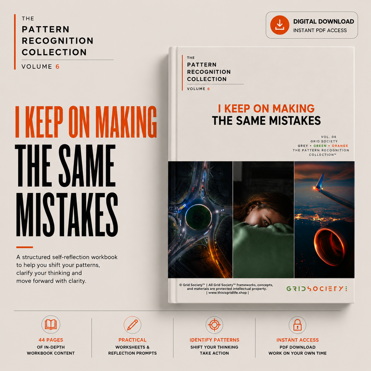 A book cover titled 'The Pattern Recognition Collection Volume 6' with large promotional text on the left and a small badge reading 'Digital Download Instant PDF Access' at the top right. The cover shows the subtitle 'I Keep on Making the Same Mistakes'.
