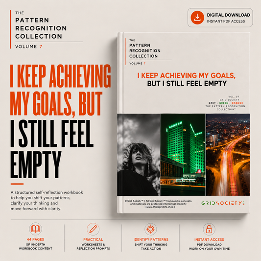 Promotional graphic for a digital download workbook titled 'The Pattern Recognition Collection Volume 7' by Grid Society. The design shows a large beige background with bold orange and black text, a smaller mockup of the workbook cover on the right, and feature callouts at the bottom about 44 pages, practical worksheets, identity patterns, and instant access.